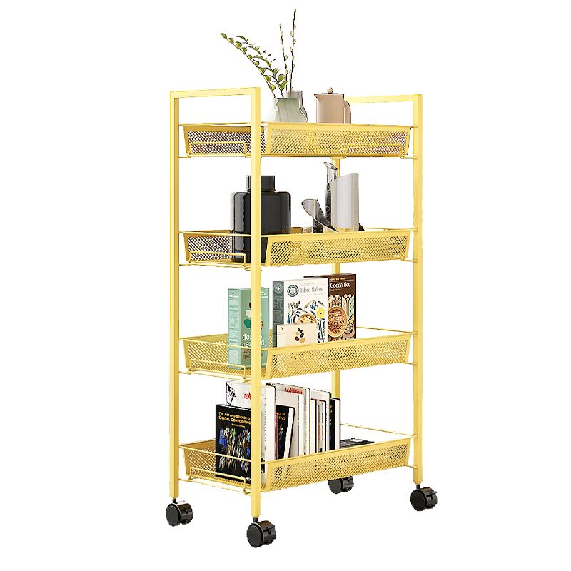 溢彩年华 置物架落地厨房储物架多层收纳架客厅移动推车阳台杂物架浴室卫生间置物车 四层黄色1060YE