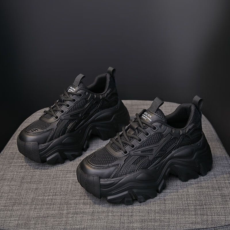 码小码34厚底老爹鞋女2022秋冬新款增高小个子松糕鞋时尚休闲鞋 黑色