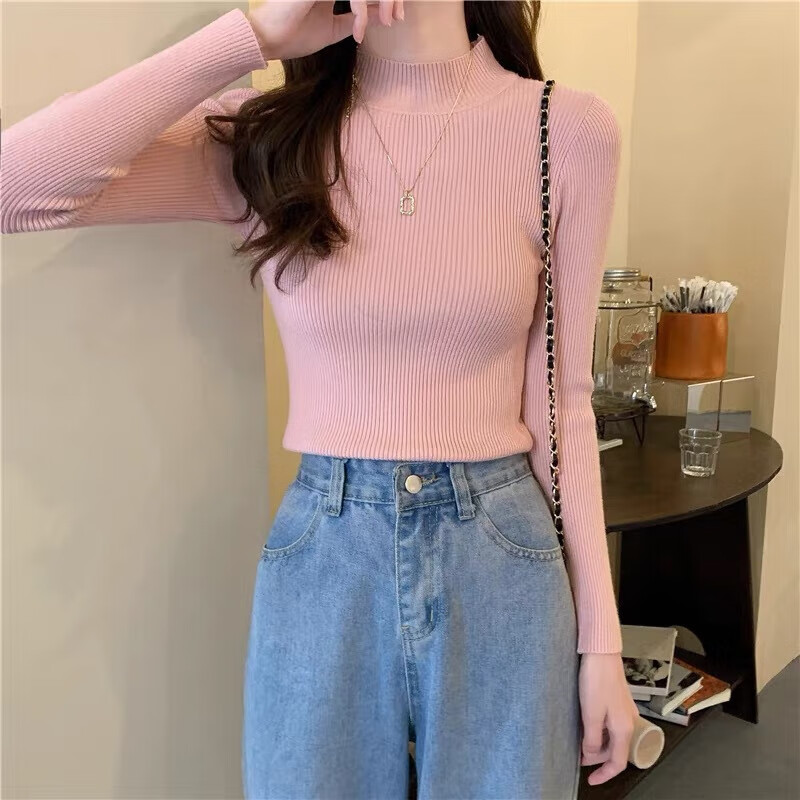 诗莉奥（SHILIAO）纯色半高领长袖毛衣女内搭打底衫春秋冬韩版百搭修身针织衫女上衣 半高领黑色 均码 (适合80-140斤)