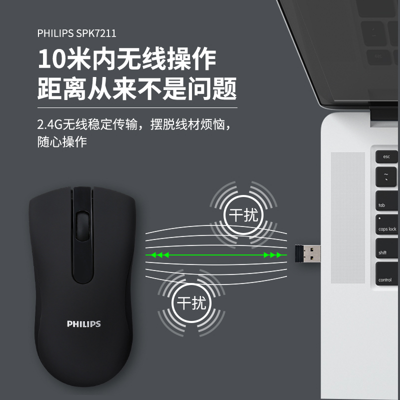 飛利浦（PHILIPS）SPK7211B 鼠標 無線鼠標 辦公鼠標  人體工學 細紋磨砂 黑色