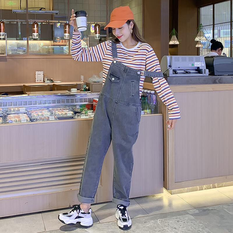 VALOR MAN秋季新款牛仔背带裤+条纹T恤两件套孕妇装 彩条t恤 M