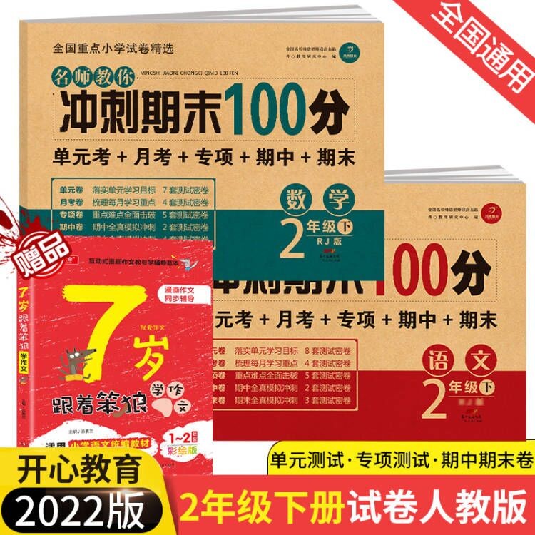2022二年级下册期末冲刺100分语文数学书试卷同步训练 辅导资料教辅书小学下册期末试卷 语文数学套装