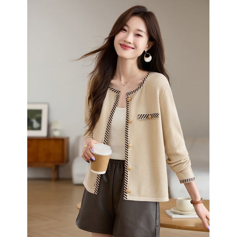 小香风羊毛针织开衫外套女春秋2024年新款气质感毛衣外搭上衣 米色 m