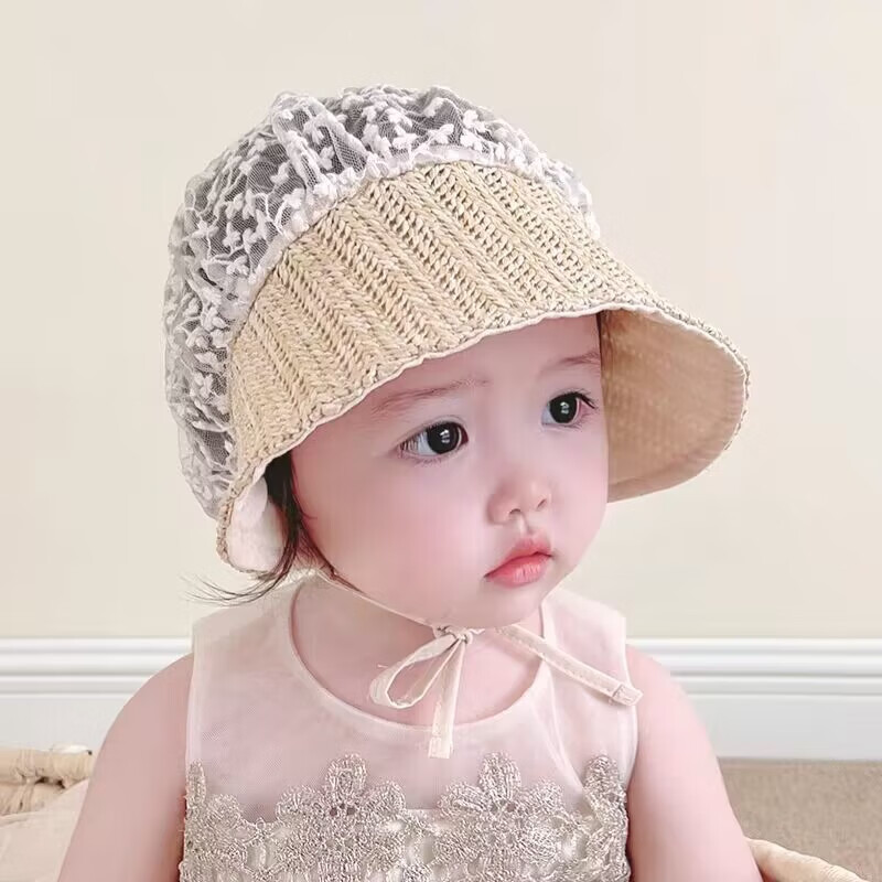 芽衣铺婴儿遮阳帽夏款防晒草帽超萌可爱宝宝帽子女童薄款出游蕾丝太阳