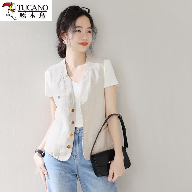 啄木鸟设计感显瘦薄款马甲女2024春夏秋夏简约无袖开衫上衣百搭休闲短外 杏色 XL