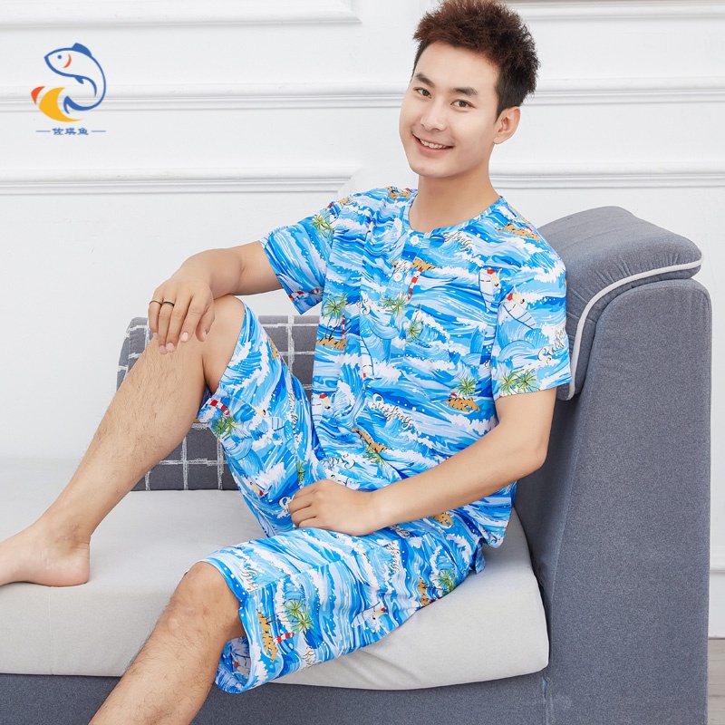 佐琪魚(yú)棉綢睡衣男士薄款短袖七分褲夏季純棉外穿人造棉大碼寬松休閑套裝 藍海圖 XL