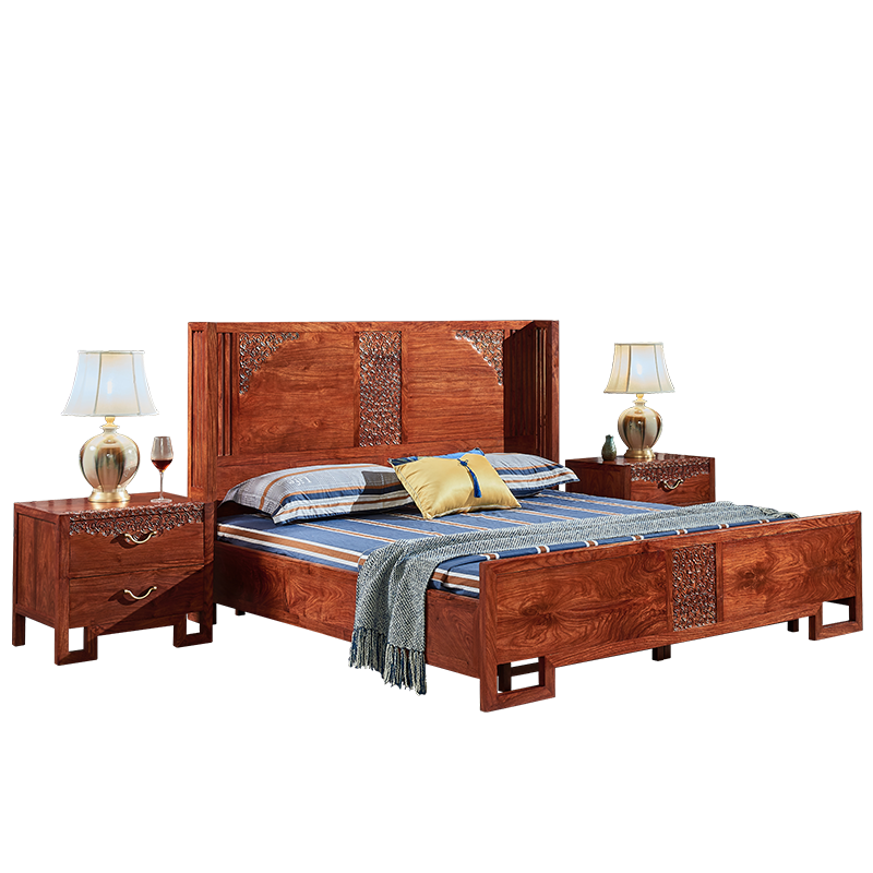 正荣府 红木家具 非洲花梨(学名:刺猬紫檀)实木床中式家具卧室双人床主卧婚床 1.5米大床+2床头柜
