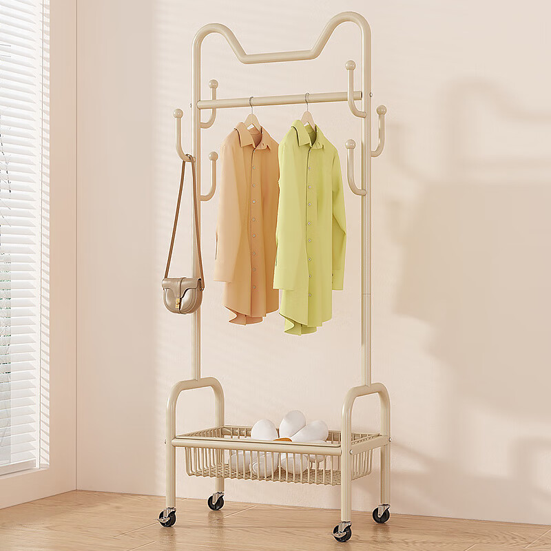 苏沐瞳挂衣架落地家用简易衣帽架奶油风单杆晾衣服架卧室收纳衣服架子 加粗-奶油白60cm【单层置物架】 京东折扣/优惠券