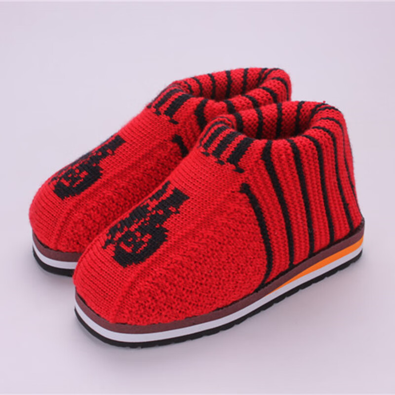 毛线鞋女纯手工毛线编织棉鞋 男女成品秋冬室内鞋加厚防滑保 大红福字