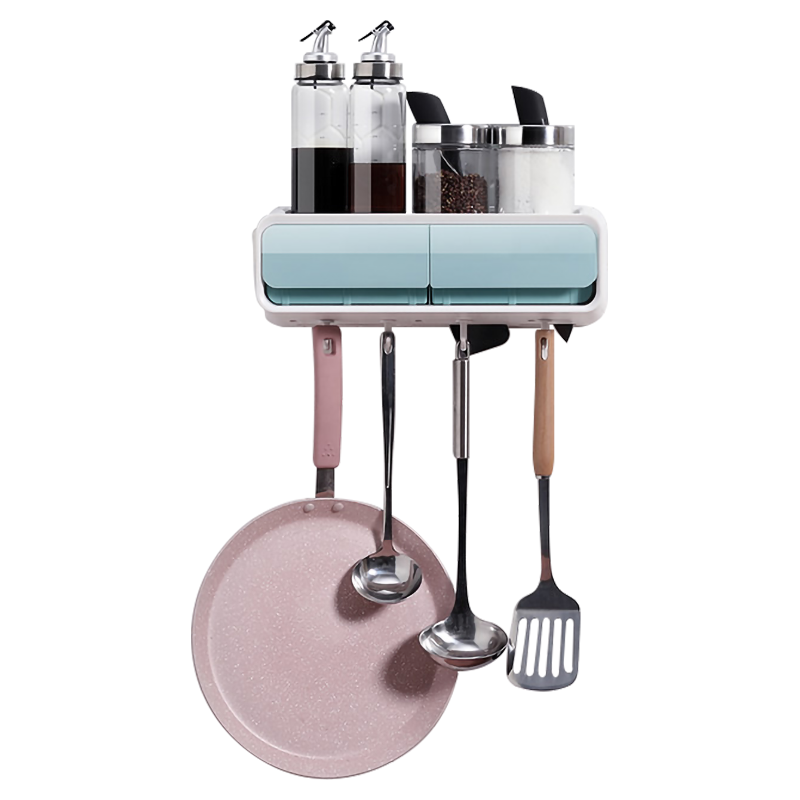 厨房置物架 壁挂免打孔厨具收纳刀架调料味架筷子筒 微波炉架 厨房用品 浅蓝