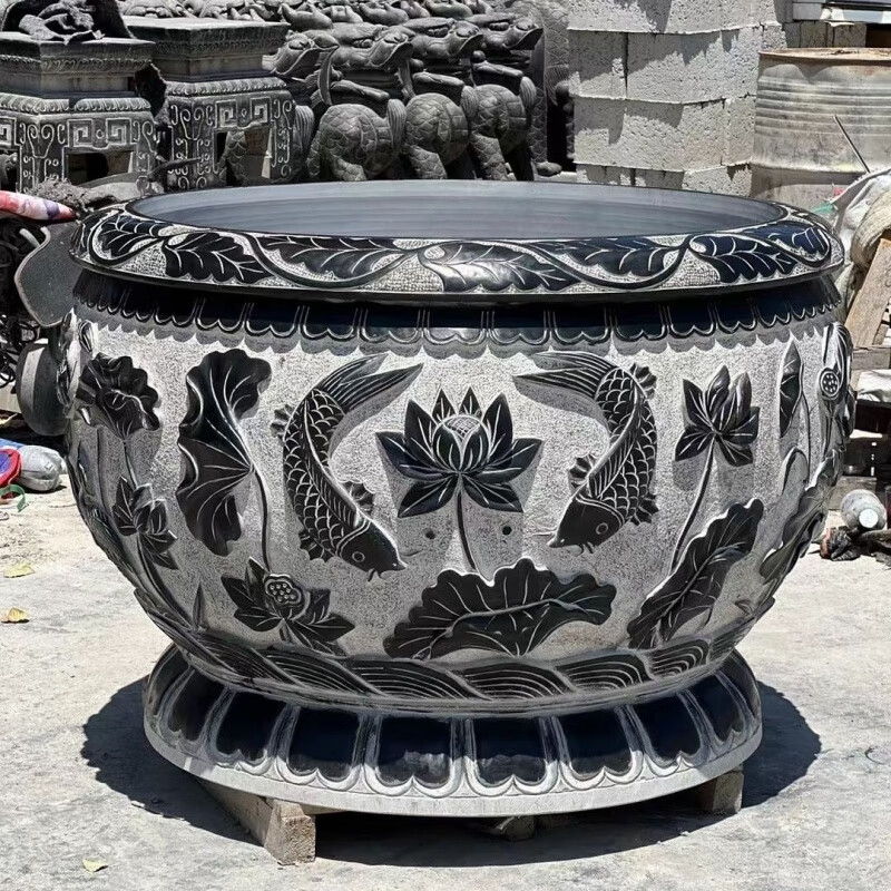 魚(yú)缸石雕花盆戶(hù)外青石仿古石缸石頭荷花門(mén)海庭院室外養(yǎng)魚(yú)水缸擺件 直徑80厘米