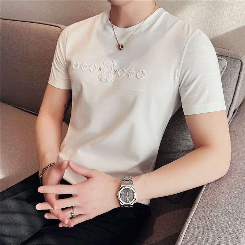 米可杉2023夏季短袖t恤男英伦雅痞男装修身凹凸立体小熊白色t桖 白色