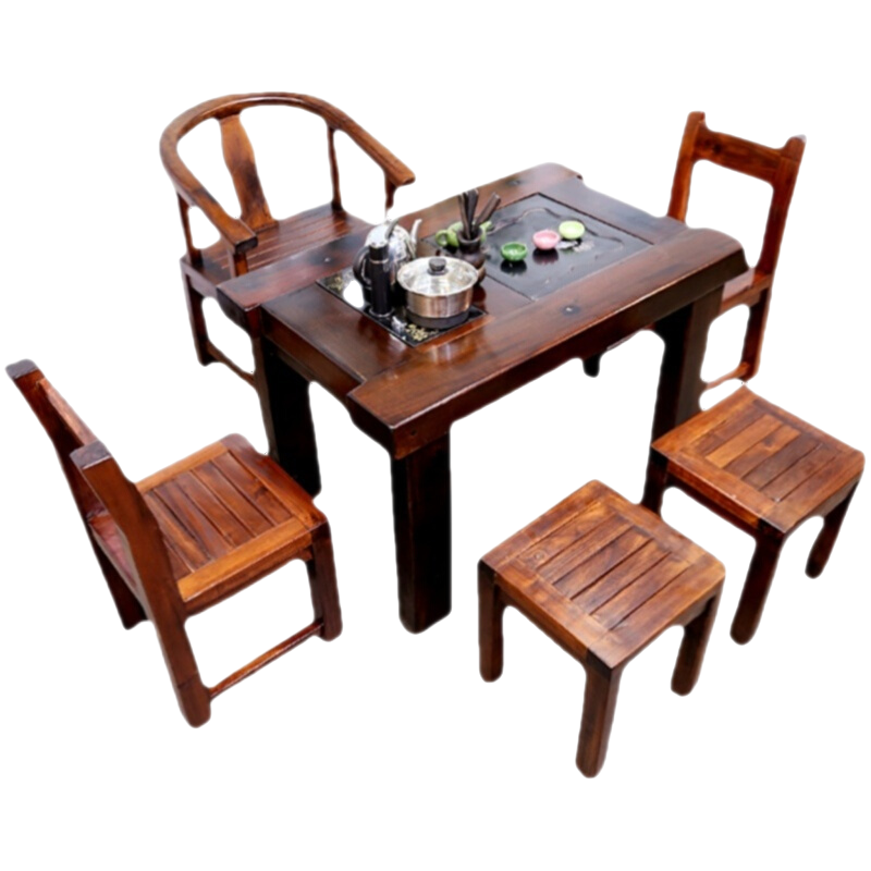 老船木茶桌船木茶桌椅组合实木茶台家用办公阳台客厅小型茶几中式实木仿古泡茶桌椅 0.9米+2方登+2靠背