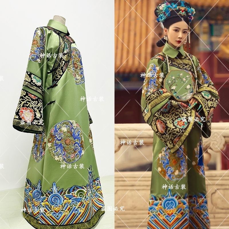 勤度清朝服裝女皇后旅拍格格故宮民族吉服貴妃古裝連衣風旗服 厚款綠色 L 建議145斤以下