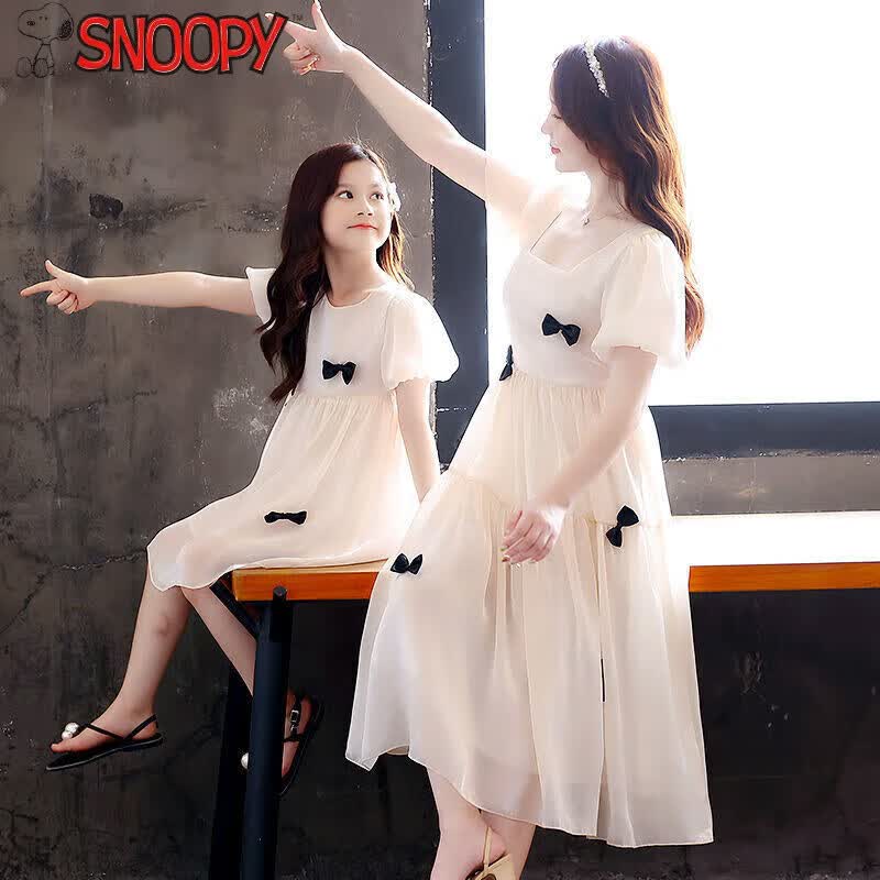 史努比(SNOOPY)亲子装母女装2023夏装洋气方领蝴蝶结连衣裙女童泡泡袖公主裙夏季 杏色 90高性价比高么?