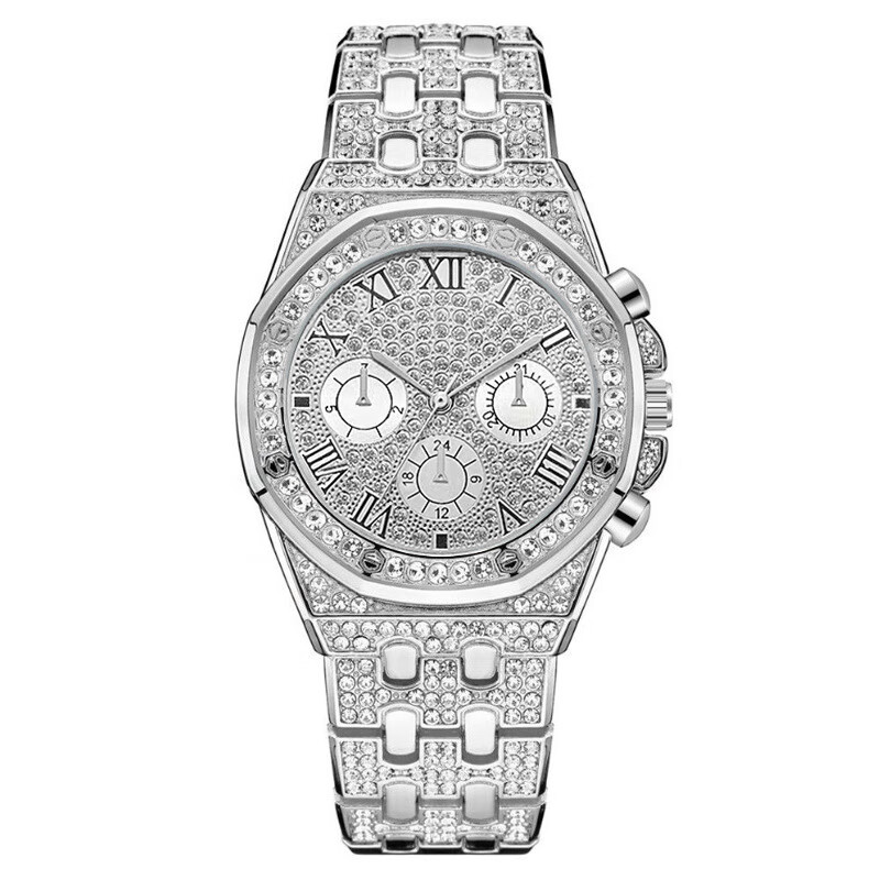 新款潮流时尚满天星钢带镶钻男士手表满钻面三眼罗马数字石英腕表