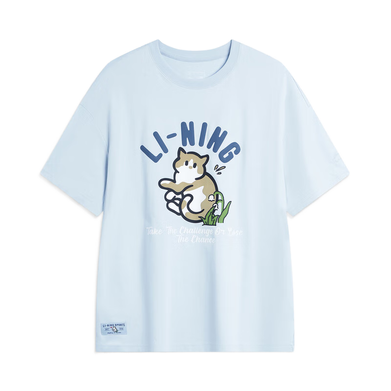 李宁速干T恤丨抗菌凉爽短袖女子夏季萌宠印花圆领户外T运动文化衫 云朵蓝-2 M