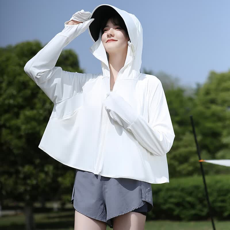 美奈貂防晒衣女黑胶帽檐夏季透气宽松大码防晒服原纱冰丝 霜奶白【手套款】（可拆帽檐）
