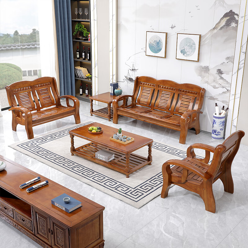 实木沙发椅客厅农村家用经济型普通老式春 胡桃色/海棠色 2色可选