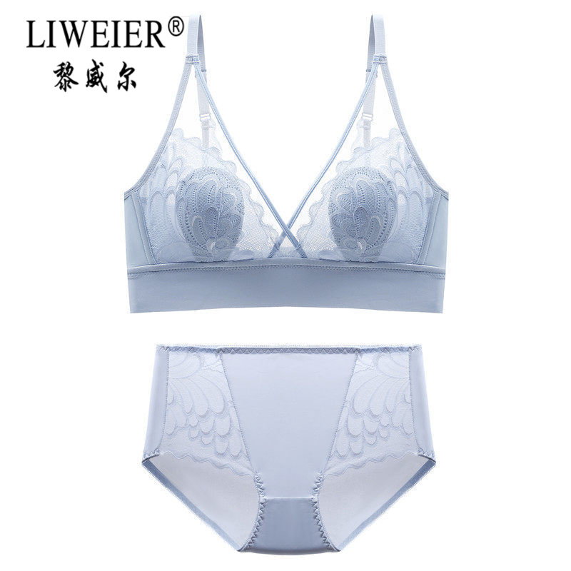 黎威尔轻奢品牌内衣女薄款大胸显小无钢圈型性感大码文胸罩 天蓝套装