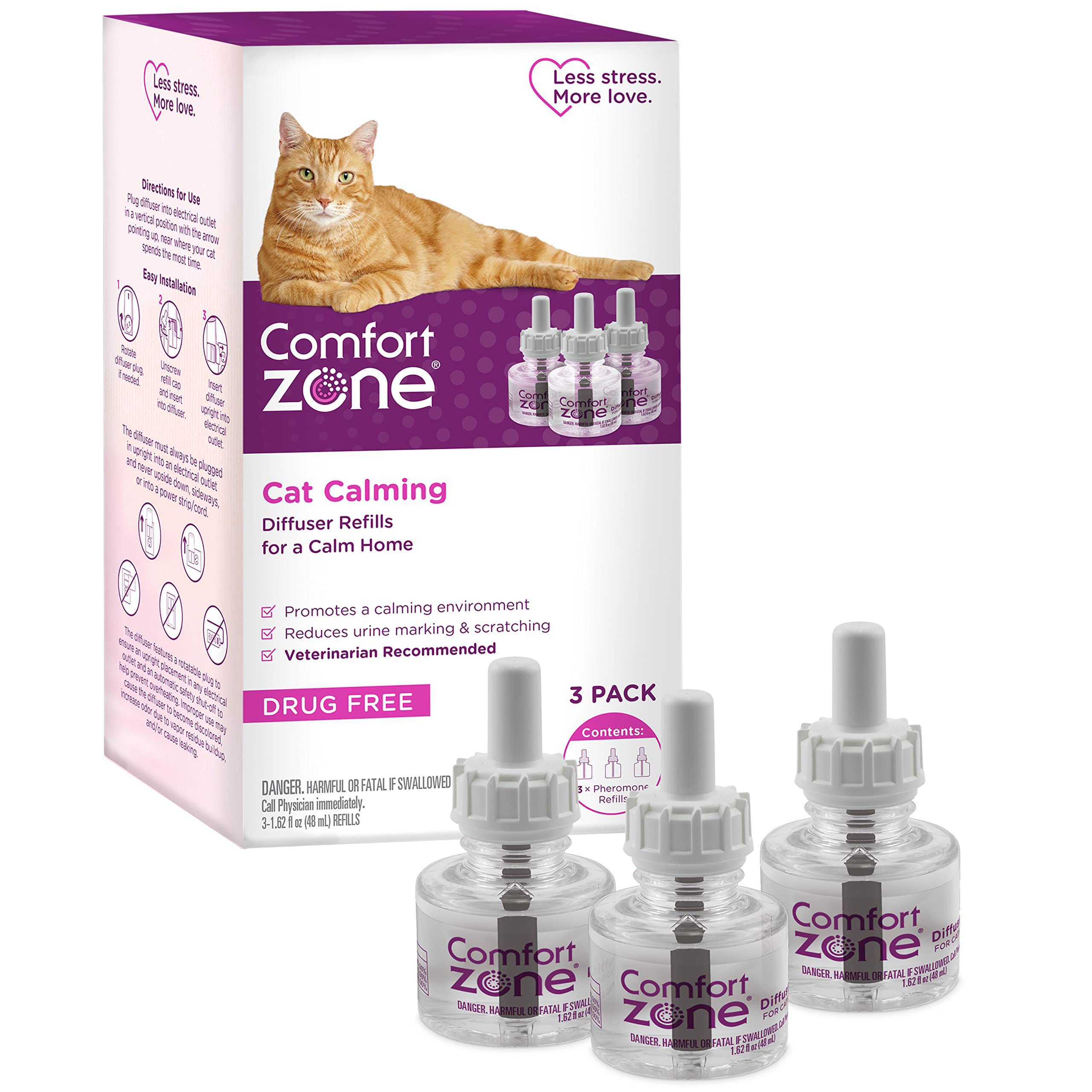 Comfort Zone 猫咪费洛蒙扩香补充装 3瓶装 缓解焦虑 30天持续镇静 透明 3 Pack