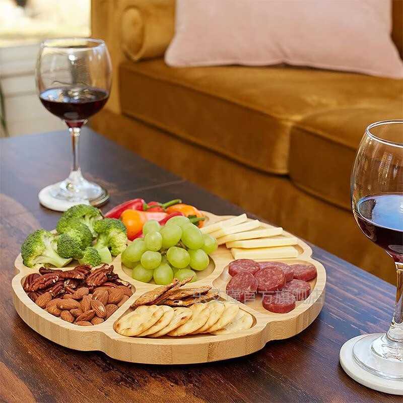 乐艾瑾竹木分格干果盘零食收纳盒西餐盘食堂可旋转客厅分餐爱心早餐