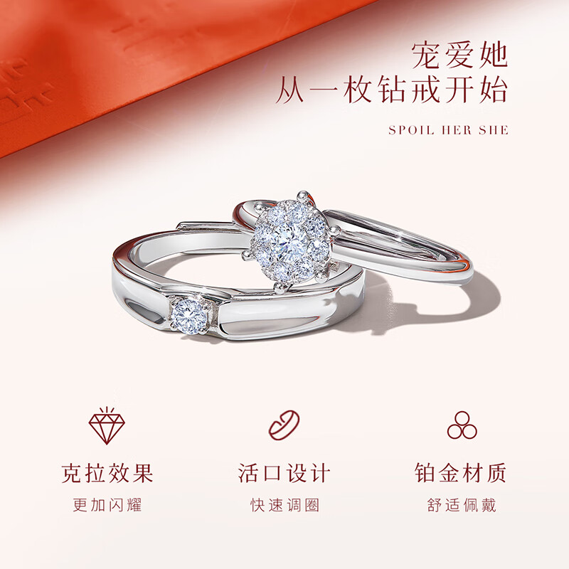 喜钻1克拉效果铂金结婚求婚戒指活口可调节钻戒送女友