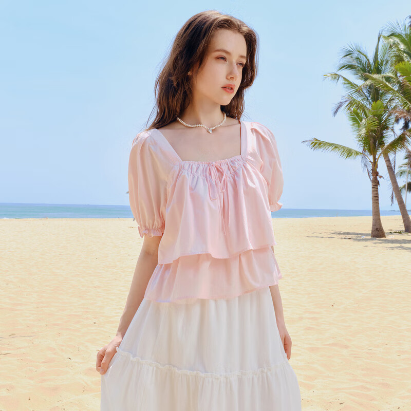 乐町韩系少女感双层甜美A版雪纺衫夏季新款好看领口绑带上衣 粉色（现货） M