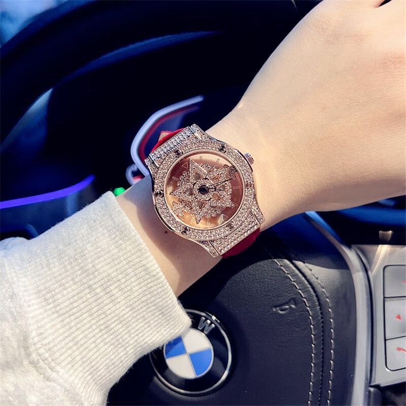 三达五芒星手表女士时来运转轻奢小众雪花女神送礼高级感明星同款腕表 银壳白皮带【镶钻五芒星】