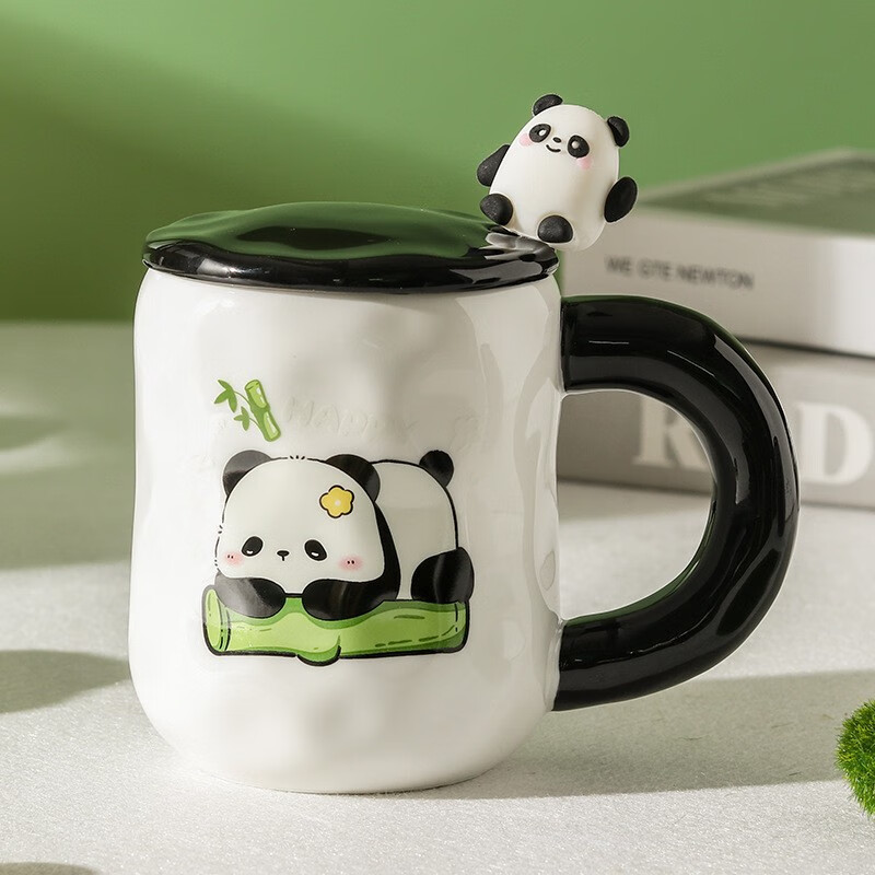 猎呐陶瓷马克杯 带勺盖咖啡牛奶杯早餐杯办公水杯子男女茶杯熊猫