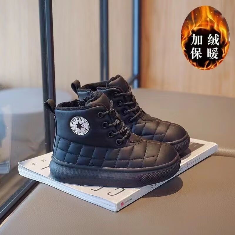 儿童棉鞋2023冬季新款加绒款儿童雪地靴加厚面包短靴男童雪地靴子 黑色加绒款 48鞋内长60cm