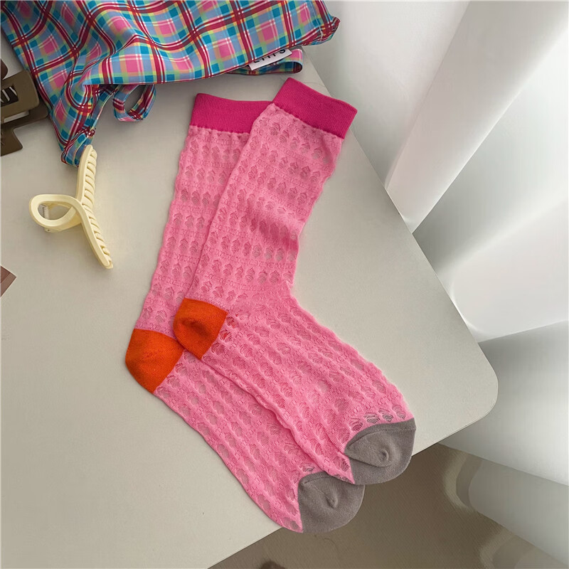 两雪薄款袜女筒袜拼色撞色水晶丝袜ins玻璃丝堆堆袜 粉色2双 均码