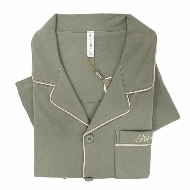 意大莱新款秋冬男女情侣纯棉纯色国民领对襟长袖长裤家居服睡衣套装