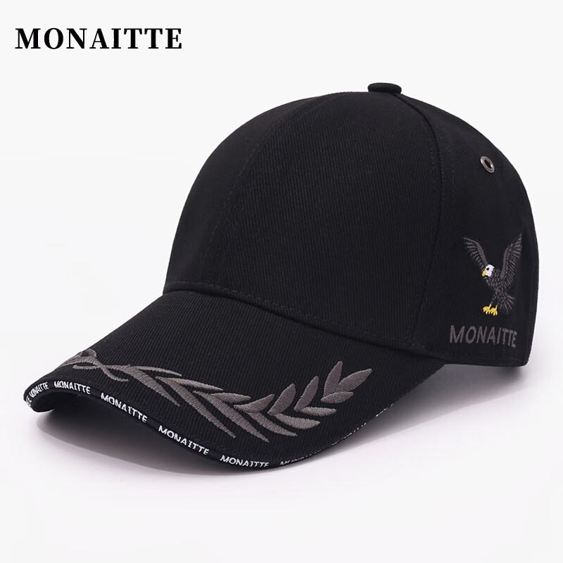 蒙奈特(MONAITTE)帽子男秋冬新款時尚鴨舌帽刺繡大頭圍遮陽硬頂防曬四季棒球帽女潮 黑灰色(四季款) 普通碼(54-60CM)