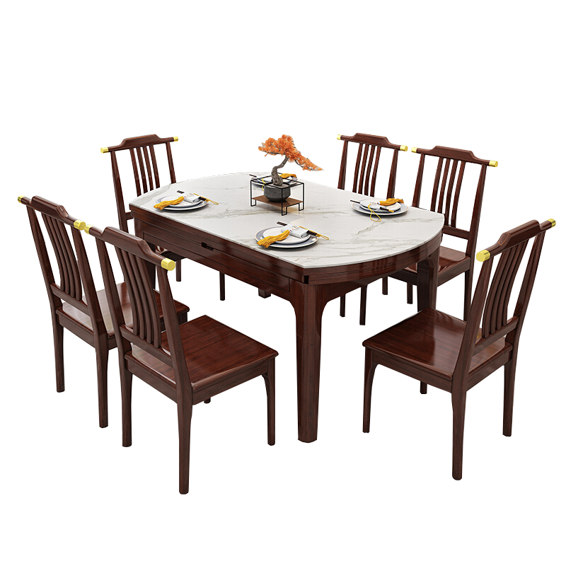 景腾 餐桌 新中式实木岩板餐桌椅组合伸缩可折叠1.2米1.5米圆桌家用1桌6椅吃饭桌子 1桌8椅[1米5]