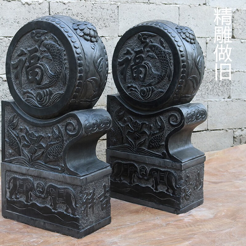 瀛乐青石门墩福鱼石鼓石雕抱鼓一对大门摆件家用门口做旧石墩抱鼓石