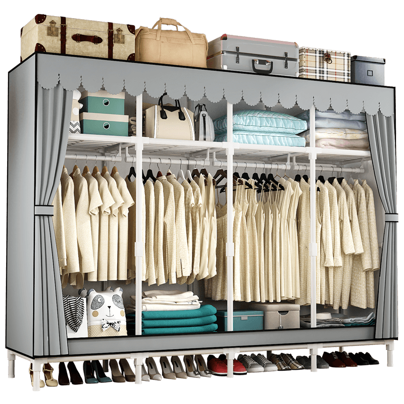 家丽人 简易衣柜1.7米布衣柜全钢架卧室家用衣柜宿舍单人双人便携衣柜加粗钢管落地衣橱