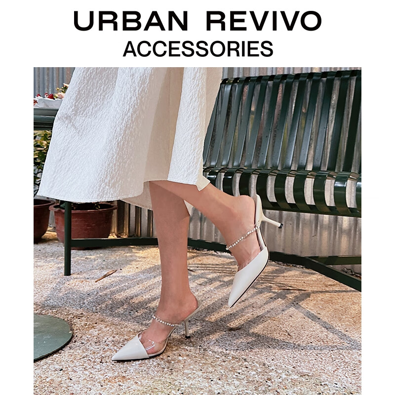URBAN REVIVO2023夏季新款女气质优雅链条尖头高跟拖鞋UAWS32073 粉白 37