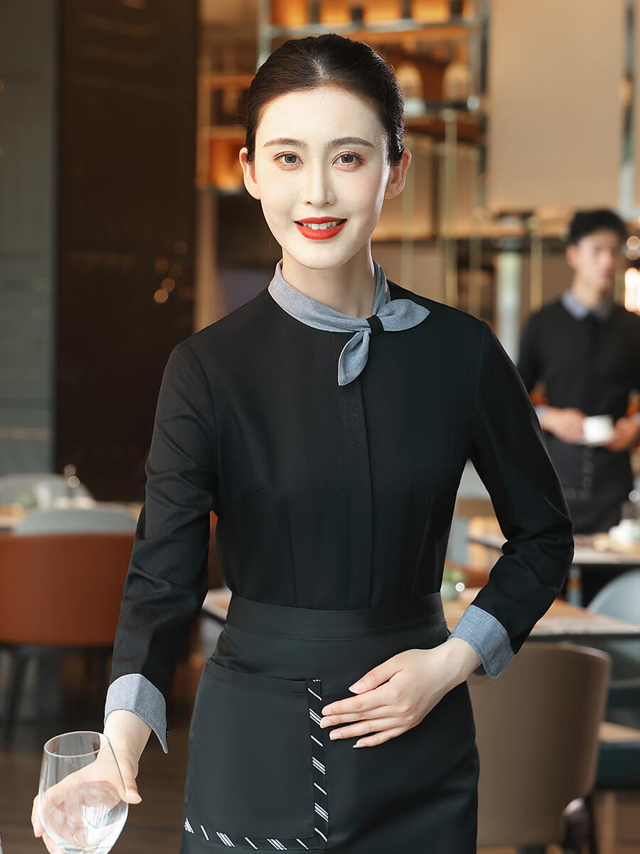 工作服长袖女烤肉酒店餐厅餐饮饭店火锅店秋冬装定制 小领结黑色女款