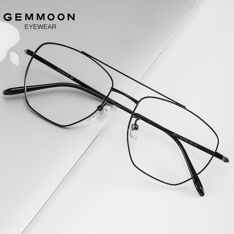 聚魅（Gemmoon） 超轻纯钛双梁商务多边近视眼镜框男大框显脸小上班通勤个性休闲有度数眼镜架女 黑框 1.67防蓝光