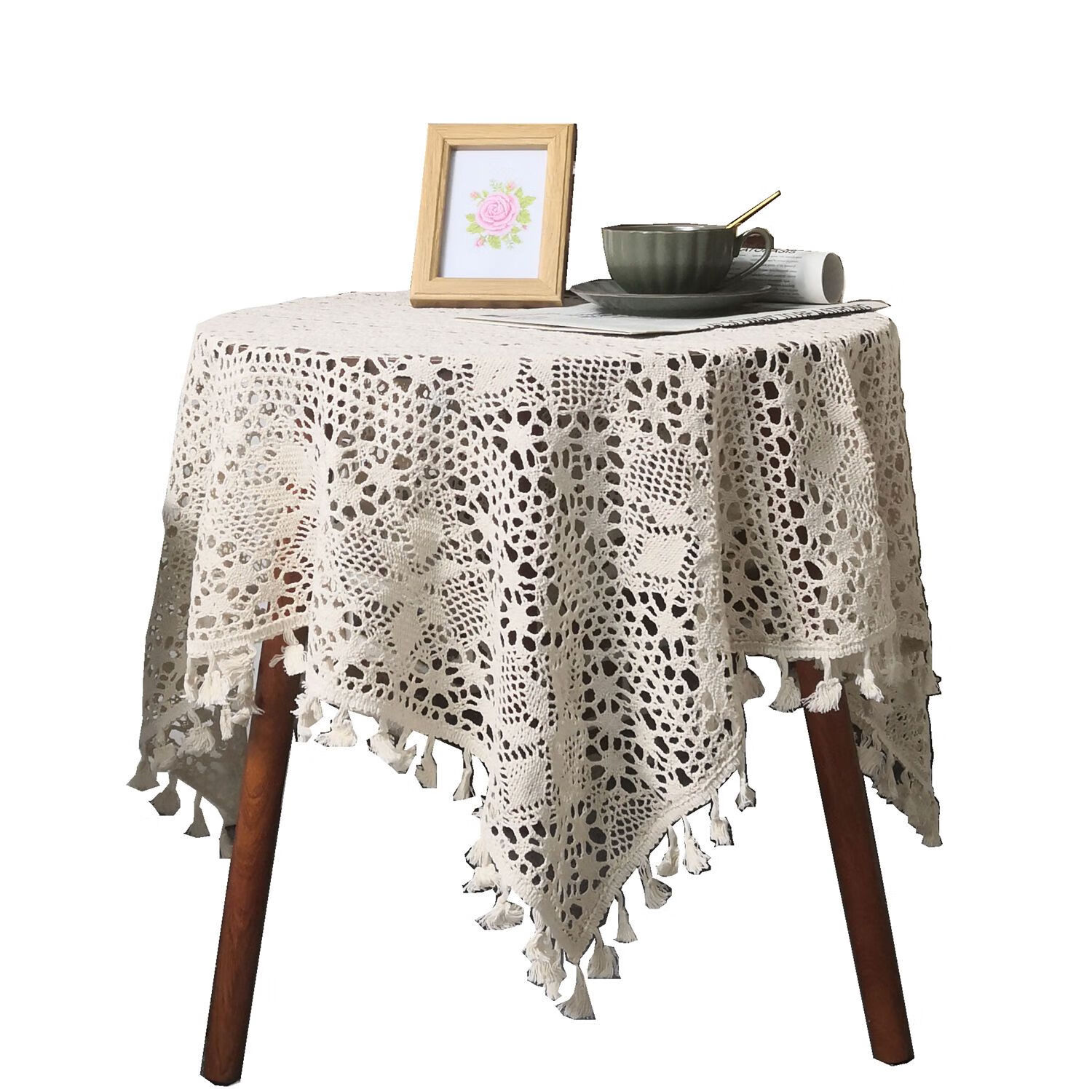 布蕾丝桌布美式复古镂空台布茶几盖巾田园手工钩花圆 米色50x50cm方形