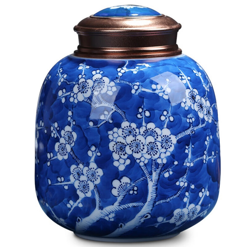 未心 手绘青花梅花茶叶罐 普洱茶具商务半斤装家用创意罐子密封景德镇