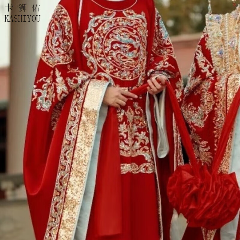 国潮情侣汉制服高端男女婚嫁明制婚服斜襟复古风影楼服 深红色 男装