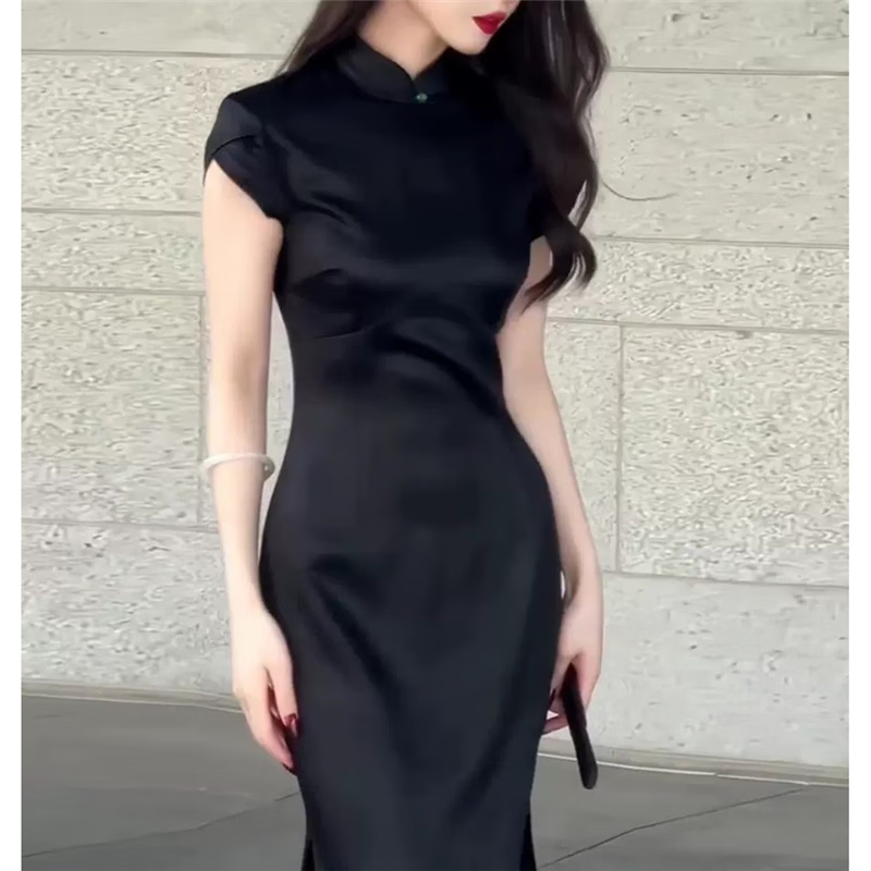 nyjk黑色旗袍年轻款高端气质新暗色系连衣裙女 黑色 s