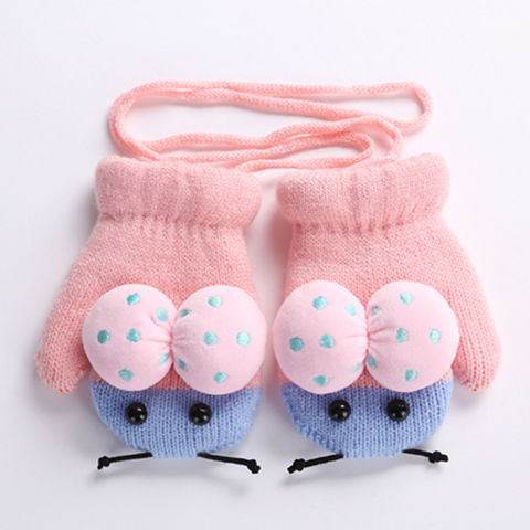 手套冬季男女童可爱卡通韩版加绒加厚保暖挂脖连指手套冬 小蜜蜂款（1-3岁）粉色