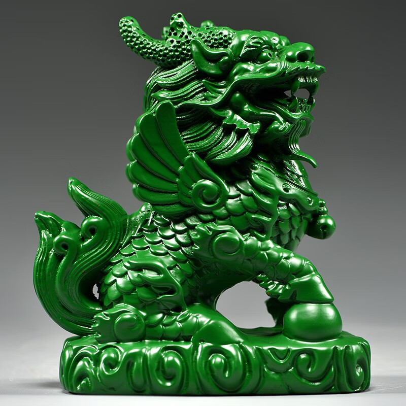 唐校长绿色实木雕刻麒麟摆件木头卧室家用家居玄关桌面装饰店铺开业