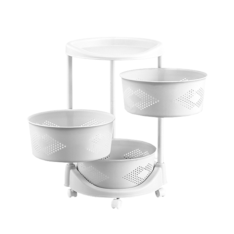 好尔旋转置物架厨房落地多层圆形菜篮子水果蔬菜收纳储物架可移动收纳小推车零食带轮子收纳架三层