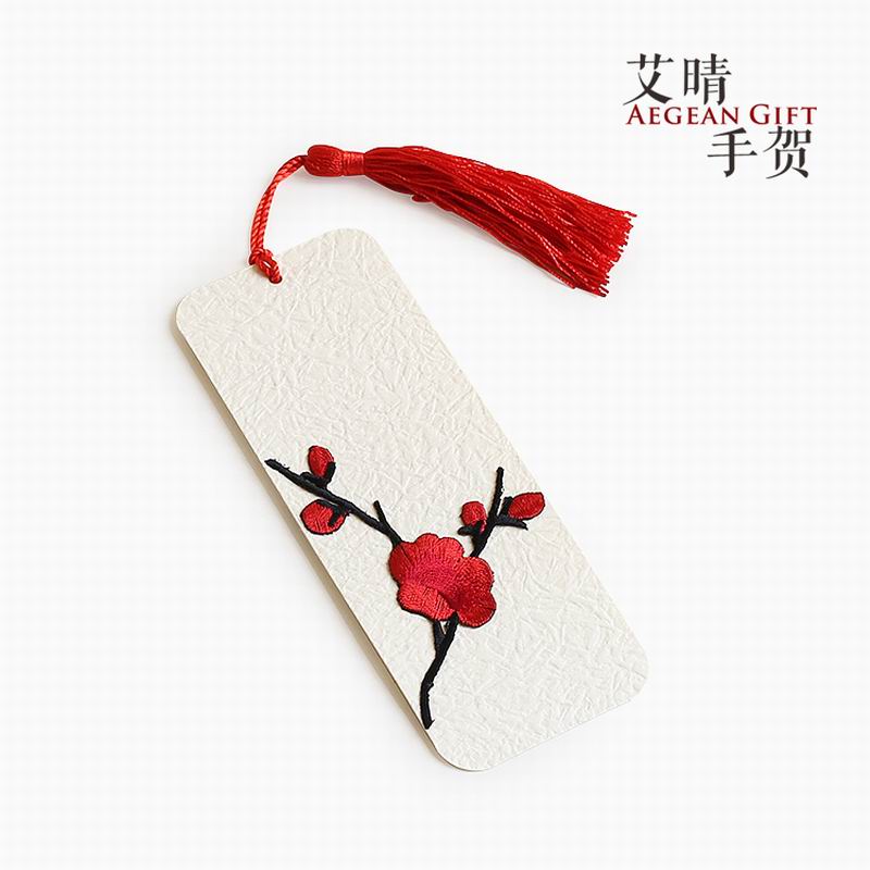 艾晴手贺刺绣梅花手工书签个性空白花篮留言卡片吊牌创意商务复古流苏