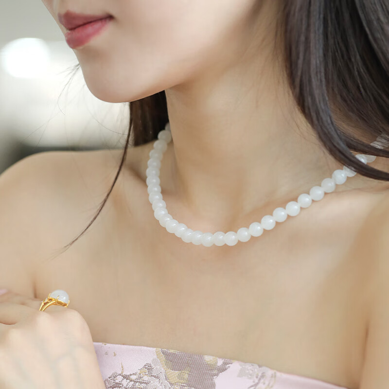 和合玉器和合玉器和田玉羊脂白玉0.8珠项链羊脂玉山料玉珠颈饰品送友妈妈