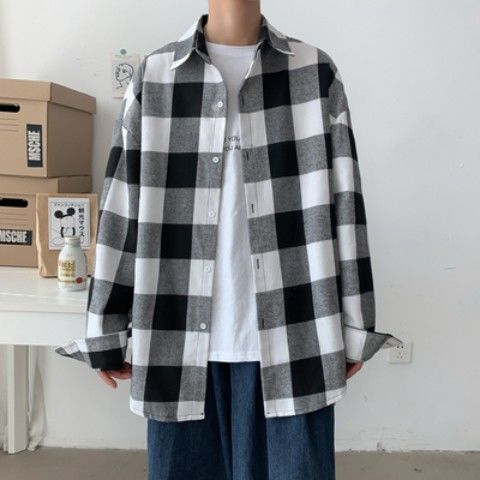 肆緘格子襯衫男長(zhǎng)袖韓版潮流ins百搭情侶襯衣潮牌胖子襯衫春秋小外套S 白格 M 95至115斤可穿